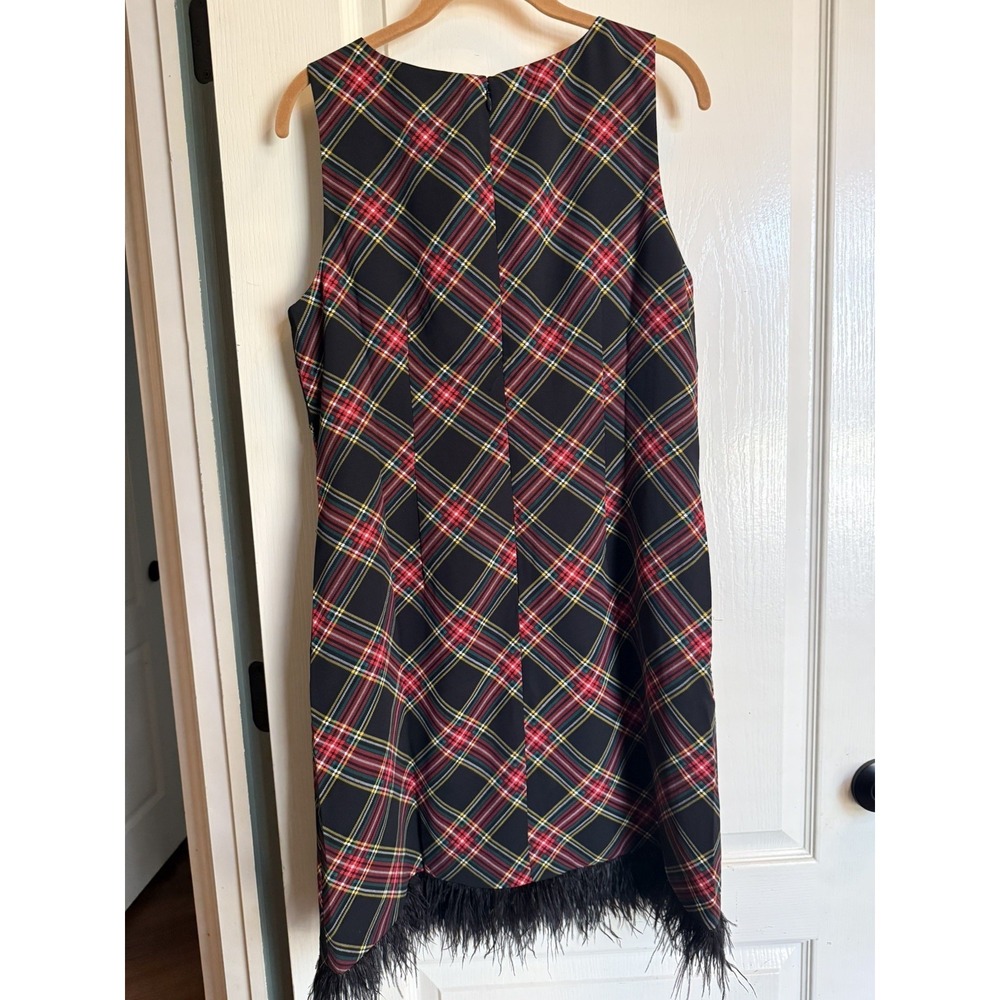 J Crew Sheath Dress Tartan Plaid Feather Trim Holiday Black Red Green Sz 10 - Picture 3 of 7